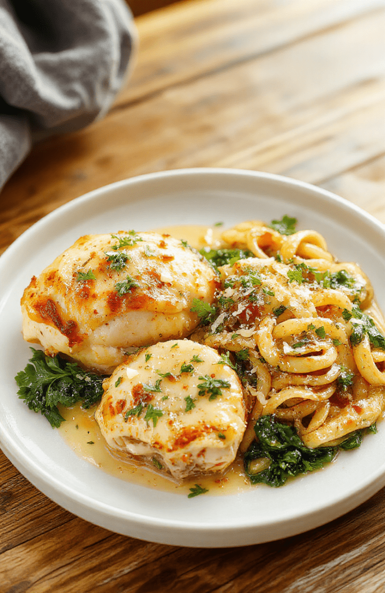 A golden herb-roasted chicken thigh sits beside creamy lemon-parmesan pasta on a white plate, with ribbons of fettuccine coated in silky sauce, bright lemon zest, and green parsley. The dish rests on a rustic wooden table bathed in warm light, with a soft-focus background that hints at a cozy movie night.