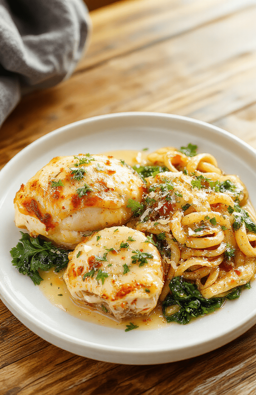 A golden herb-roasted chicken thigh sits beside creamy lemon-parmesan pasta on a white plate, with ribbons of fettuccine coated in silky sauce, bright lemon zest, and green parsley. The dish rests on a rustic wooden table bathed in warm light, with a soft-focus background that hints at a cozy movie night.