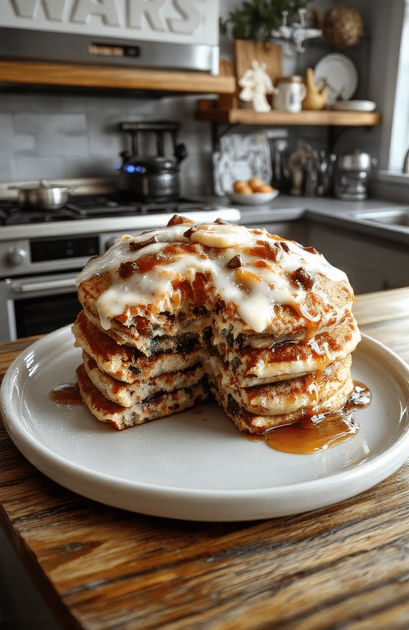 A tall stack of vibrant blue milk pancakes on a simple white plate, dusted with powdered sugar and fresh berries. The pancakes have a glossy, fluffy texture, with a golden-brown edge. They are plated on a light wooden surface with a soft, starry blue backdrop that hints at a galaxy-inspired theme.