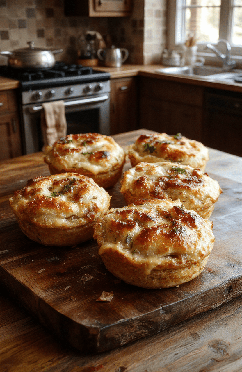 A golden, flaky puff pastry pie cut open to reveal a savory beef and vegetable filling with peas and carrots, steam rising, on a rustic wooden board, sprinkled with fresh thyme and flaky sea salt; a mug of butterbeer and a few thyme sprigs sit in the background for a magical, cozy kitchen vibe.