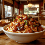 A glossy plate of General Tso chicken with crisp vegetables and sesame noodles, vibrant caramel sauce coating the chicken, sesame seeds sprinkled, bright peppers, green onions, and a sprinkle of sesame oil. The dish is plated on a white ceramic plate with a warm, inviting background.