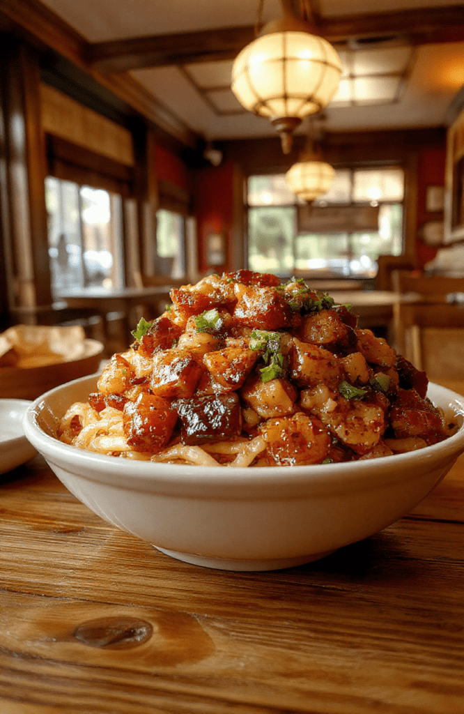 A glossy plate of General Tso chicken with crisp vegetables and sesame noodles, vibrant caramel sauce coating the chicken, sesame seeds sprinkled, bright peppers, green onions, and a sprinkle of sesame oil. The dish is plated on a white ceramic plate with a warm, inviting background.