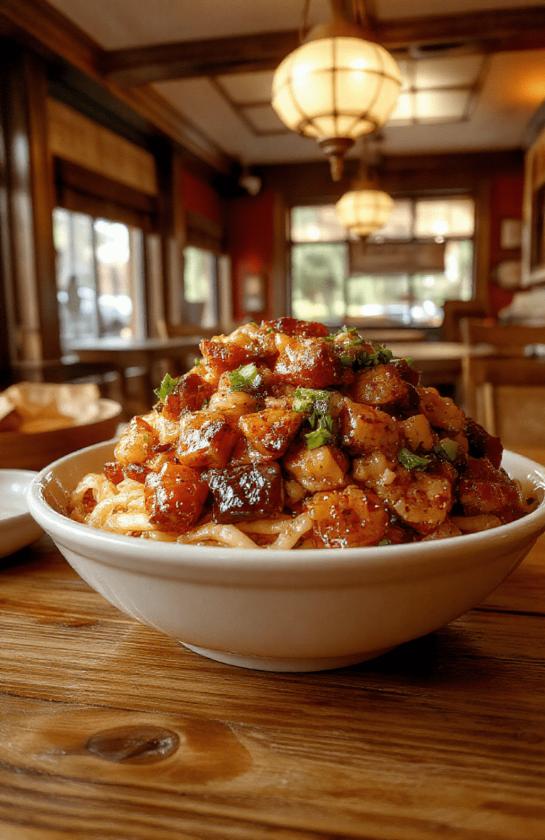 A glossy plate of General Tso chicken with crisp vegetables and sesame noodles, vibrant caramel sauce coating the chicken, sesame seeds sprinkled, bright peppers, green onions, and a sprinkle of sesame oil. The dish is plated on a white ceramic plate with a warm, inviting background.