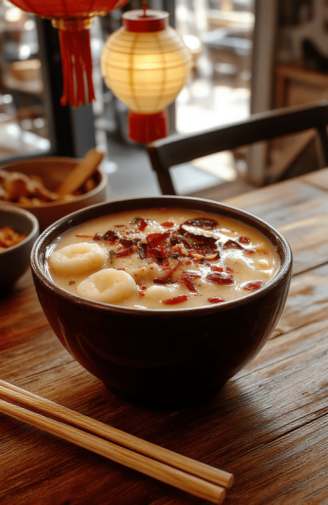 Steaming bowl of silky congee in a white porcelain bowl sits on a warm maple wood table, garnished with sliced scallions, julienned ginger, and a drizzle of sesame oil. A side of crispy shallots and pickled vegetables add color. The background features soft red and gold Disney-inspired accents and a wooden spoon, creating a cozy breakfast scene.