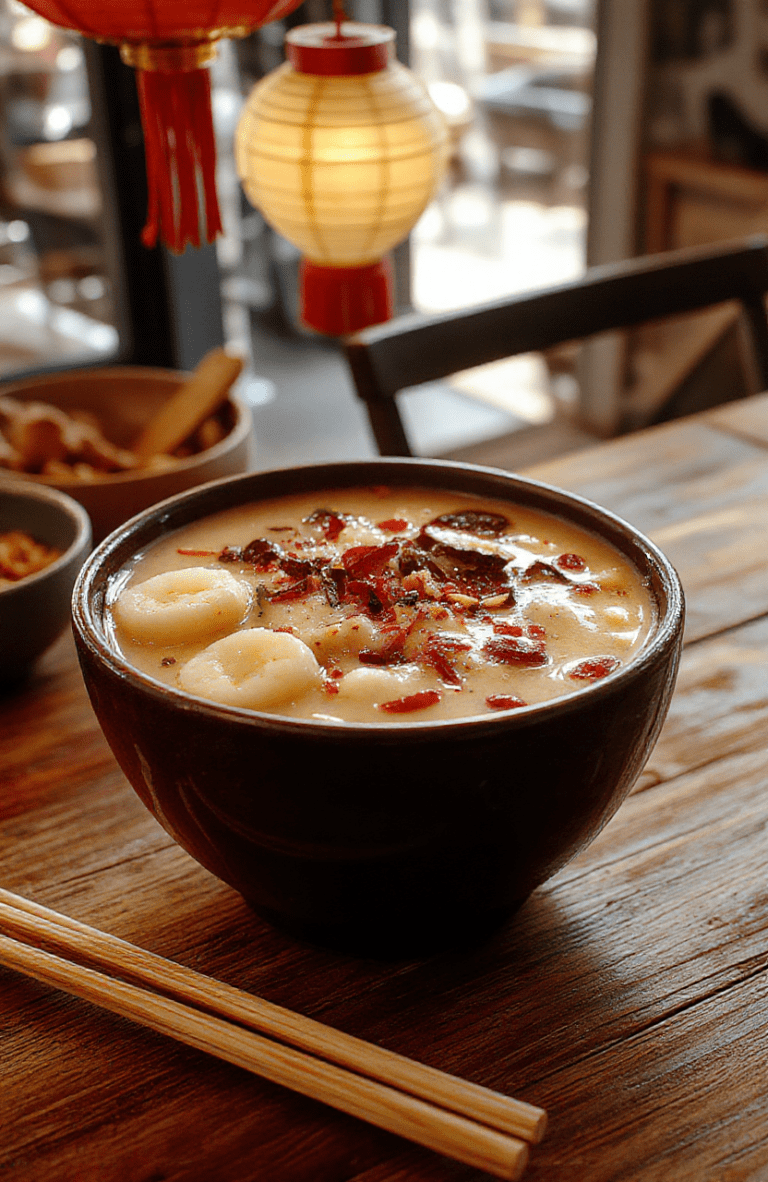 Steaming bowl of silky congee in a white porcelain bowl sits on a warm maple wood table, garnished with sliced scallions, julienned ginger, and a drizzle of sesame oil. A side of crispy shallots and pickled vegetables add color. The background features soft red and gold Disney-inspired accents and a wooden spoon, creating a cozy breakfast scene.
