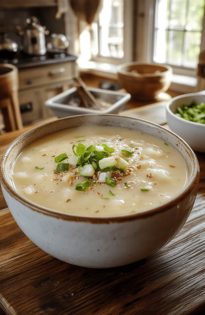 A close-up of Mulan's Lucky Breakfast Rice Porridge in a rustic white ceramic bowl, creamy porridge topped with sliced green onions, ginger threads, and sesame seeds. Steam rises in soft daylight, with a wooden table and a cozy, cinematic kitchen backdrop highlighting glossy grains and a simple comforting presentation.