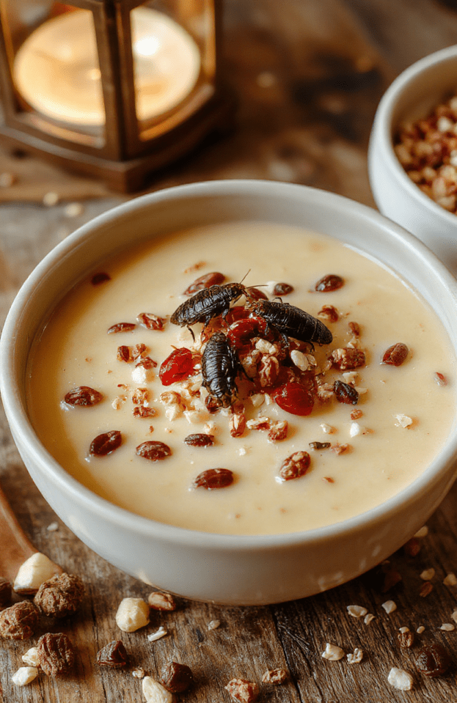 Creamy almond-colored porridge in a white shallow bowl, topped with golden fried crickets arranged like tiny petals, glossy goji berries, and sesame seeds. The dish sits on a warm wooden table with a soft linen napkin and a hint of red plum blossoms in the background, steam curling above the bowl, inviting and festive.