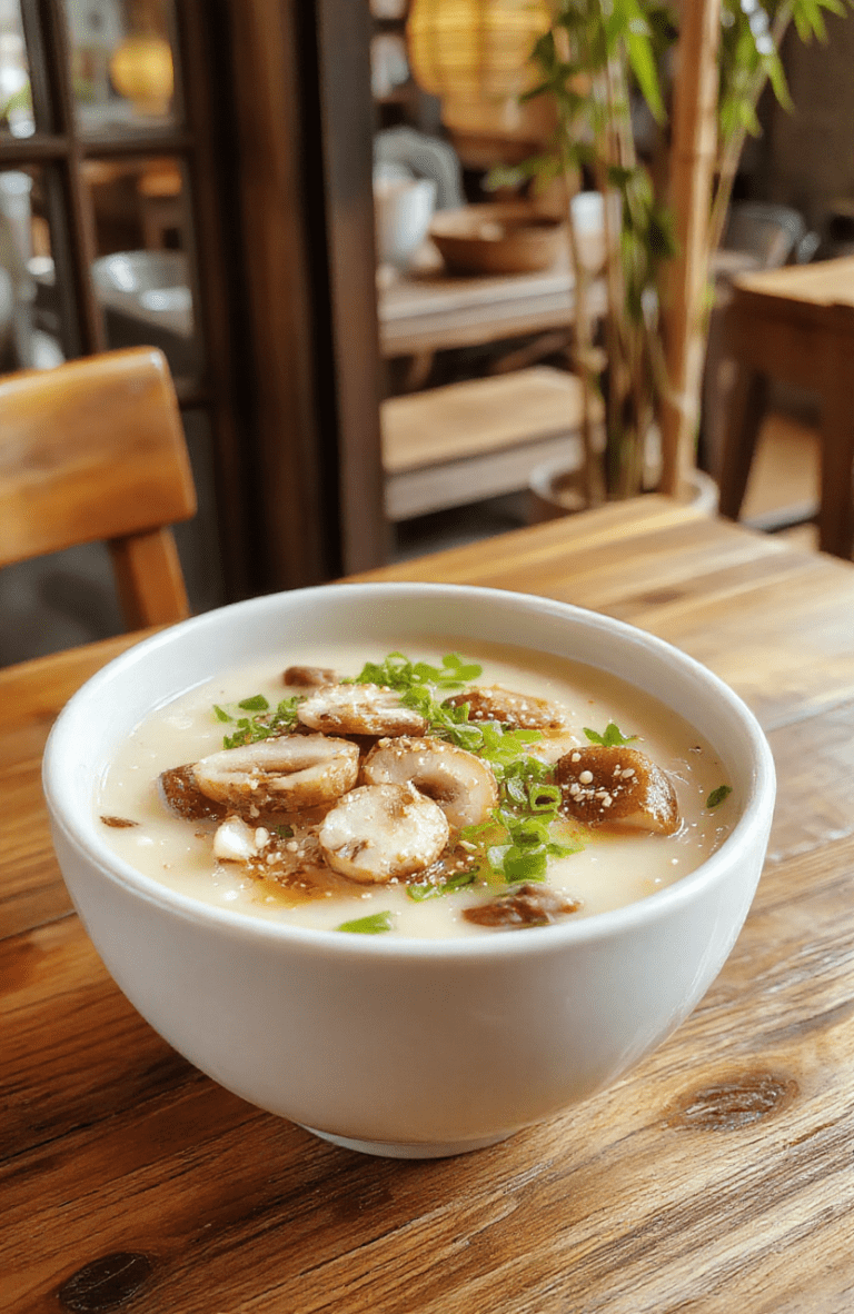 A steaming bowl of creamy rice porridge topped with sautéed mushrooms, sliced scallions, and sesame seeds, with a drizzle of sesame oil. The dish sits on a rustic wooden table with a festive red napkin and a pair of chopsticks, hints of lantern light in the background.
