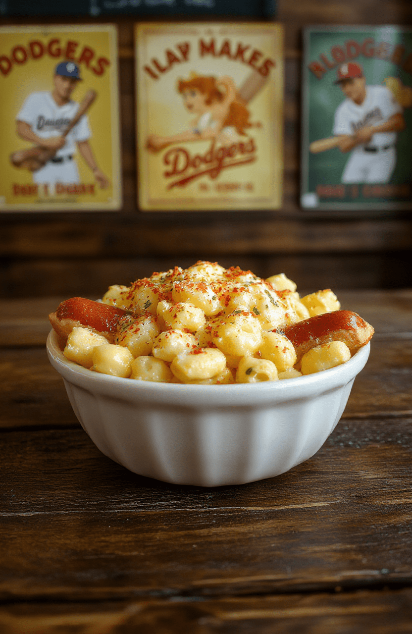 Creamy macaroni and cheese with diced mini hot dogs served in a white shallow bowl on a rustic wooden table. The glossy orange-yellow sauce coats al dente pasta, with visible hot dog rounds. Garnished with parsley, a blue check napkin, and blurred vintage Dodger posters in the background, evoking an Oliver & Company vibe.