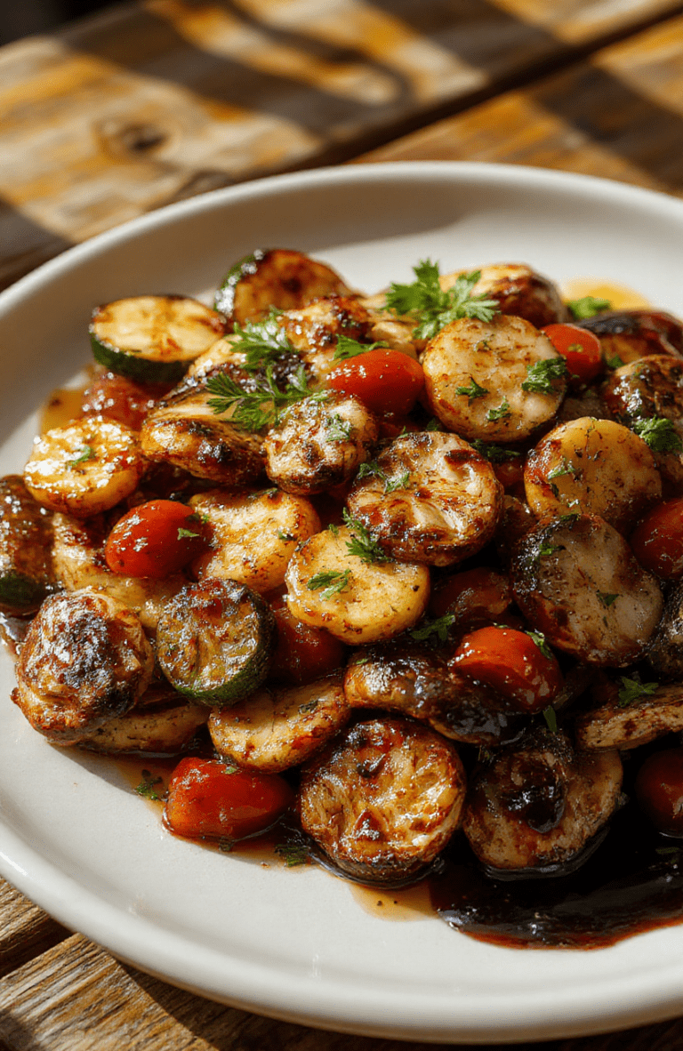 Golden-brown roasted mushrooms on a warm rustic plate, olive oil glistening, studded with garlic, cherry tomatoes, and zucchini ribbons. Fresh herbs and a light balsamic glaze add shine, while a vibrant ratatouille-style vegetable medley hints in the background for a gourmet dinner presentation.
