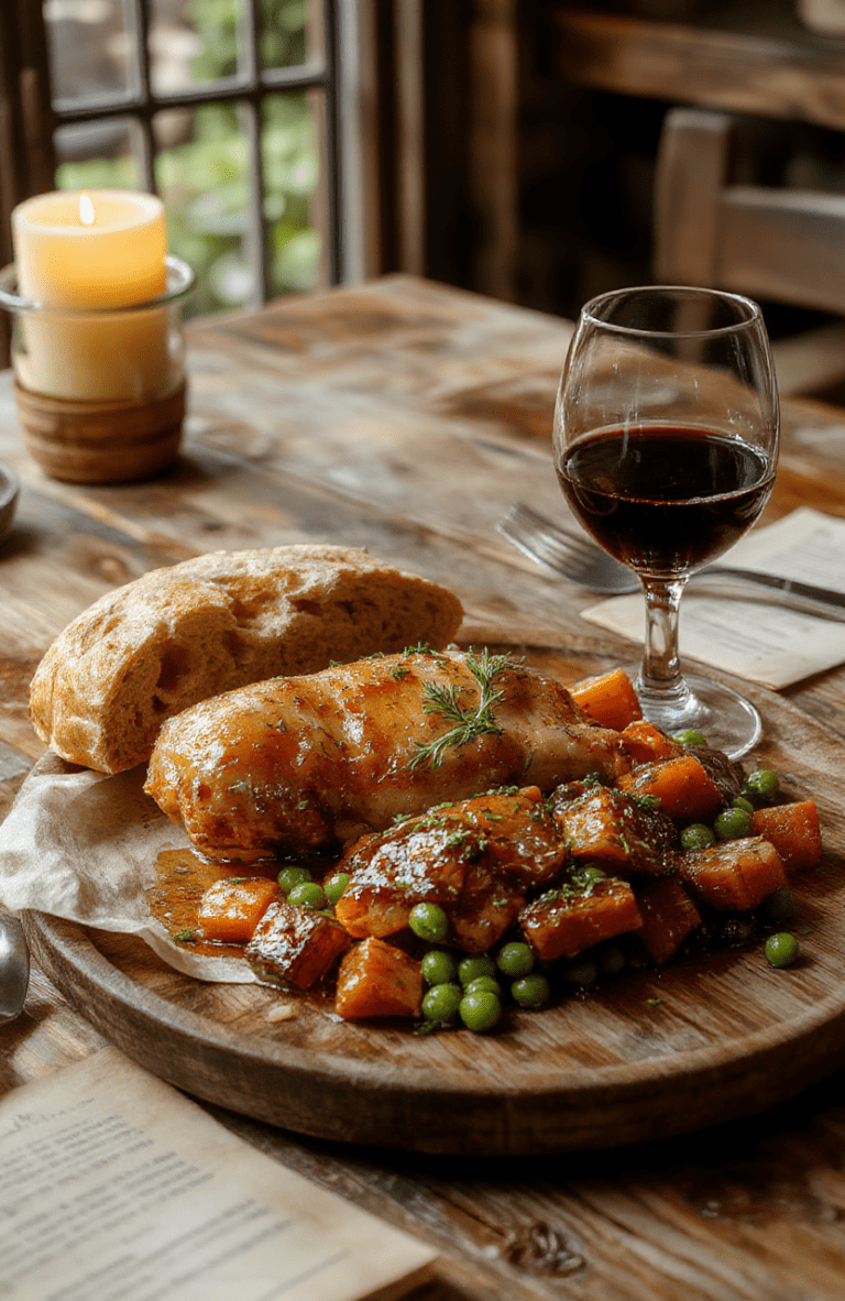 A rustic wooden table is set with a full medieval feast: roasted chicken legs, barley bread, honey-glazed carrots, peas, and a rich gravy. Pewter dishes, rough-hewn boards, and sprigs of rosemary create a tavern vibe, while warm candlelight highlights textures and colors of the hearty dishes.