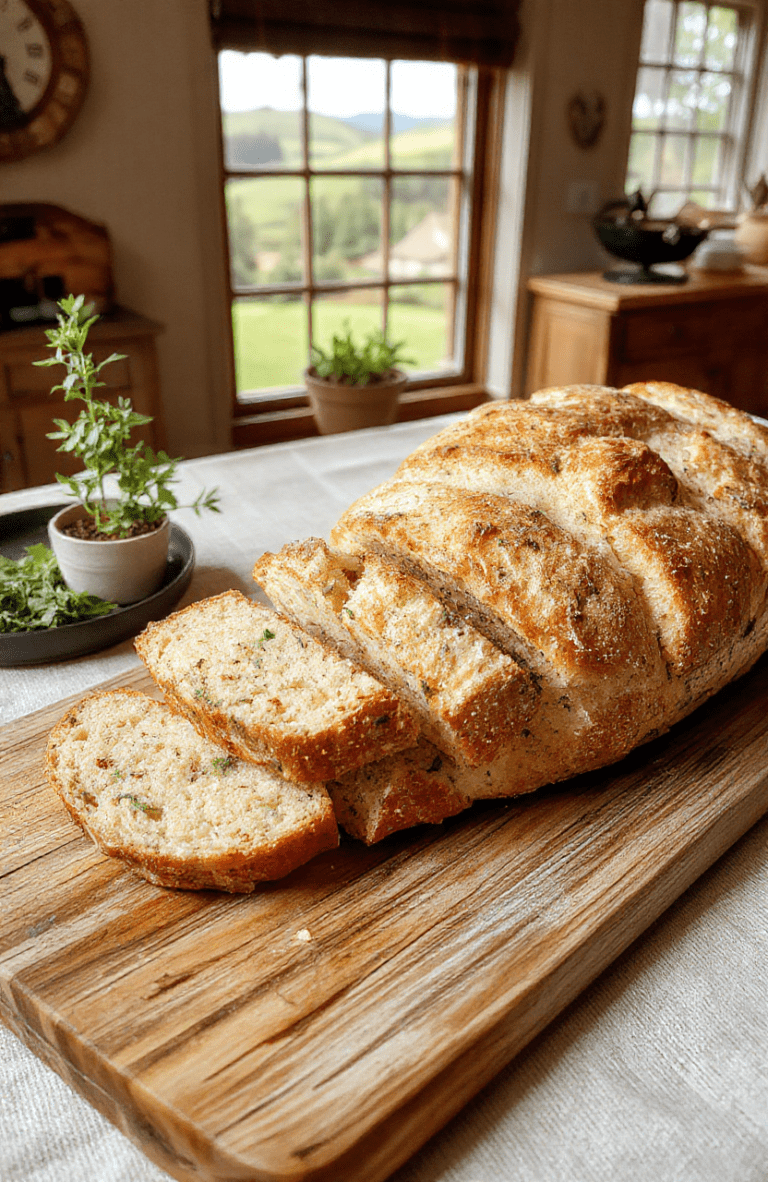 Golden crusted Rustic Hobbiton Herb Bread loaf resting on a wooden board, speckled with chopped parsley and chives, with butter melting at the edge, olive oil and a thyme sprig nearby, flour-dusted surface and warm kitchen lighting for a cozy Hobbiton vibe.