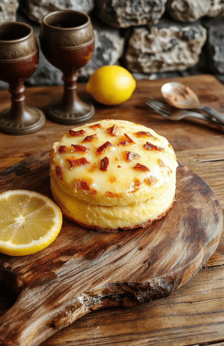 Bright lemon cakes sliced and arranged on a white plate with a light dusting of powdered sugar, lemon zest curls, and a lemon wedge on the side, set on a rustic wooden board. The crumb is pale gold with a thin glaze; a softly blurred medieval kitchen backdrop with goblets and linen hints at a Game of Thrones-inspired feast.