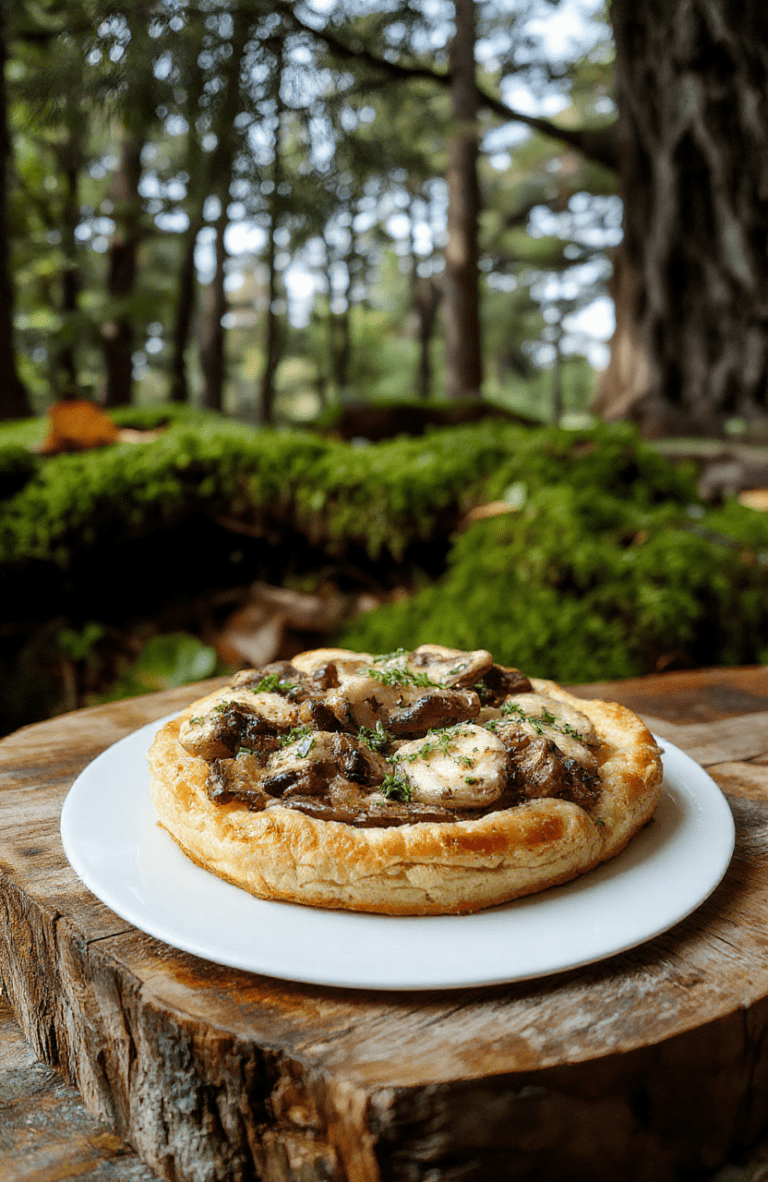 A golden-brown Mirkwood Mushroom Tart sits on a rustic olive wood board, flaky crust visible around a creamy mushroom filling, dotted with thyme, with a light dusting of pepper. The scene is set on a dark wooden table with forest-green linen, evoking a Tolkien-inspired feast.