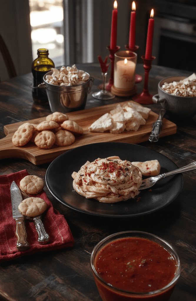 A moody, cinematic dinner spread for a SCREAM movie night. A dark wooden table hosts a black plate of creamy pink pasta, a charcuterie board with skull-shaped cheese accents, popcorn in a vintage tin, knife-inspired cookies, and a blood-red tomato soup in a glass bowl. Warm candlelight and red accents create a spooky, playful cinematic vibe.