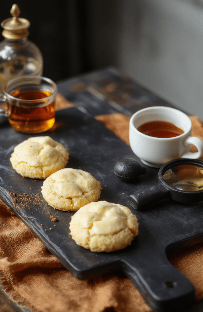 Golden-brown Sherlock Holmes Buttery Tea Cakes arranged on a white plate with a pat of melted butter, surrounded by a vintage teacup, a magnifying glass, and a pocket-sized clock. The crumb looks tender, tops are pale honey-brown, and a light sugar dust adds shimmer. Styled on a rustic wooden board with warm daylight.