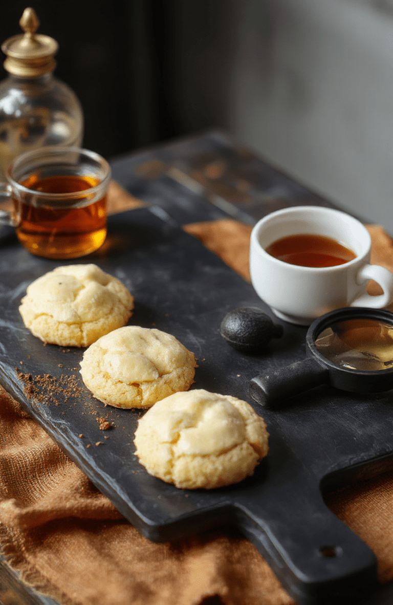 Golden-brown Sherlock Holmes Buttery Tea Cakes arranged on a white plate with a pat of melted butter, surrounded by a vintage teacup, a magnifying glass, and a pocket-sized clock. The crumb looks tender, tops are pale honey-brown, and a light sugar dust adds shimmer. Styled on a rustic wooden board with warm daylight.