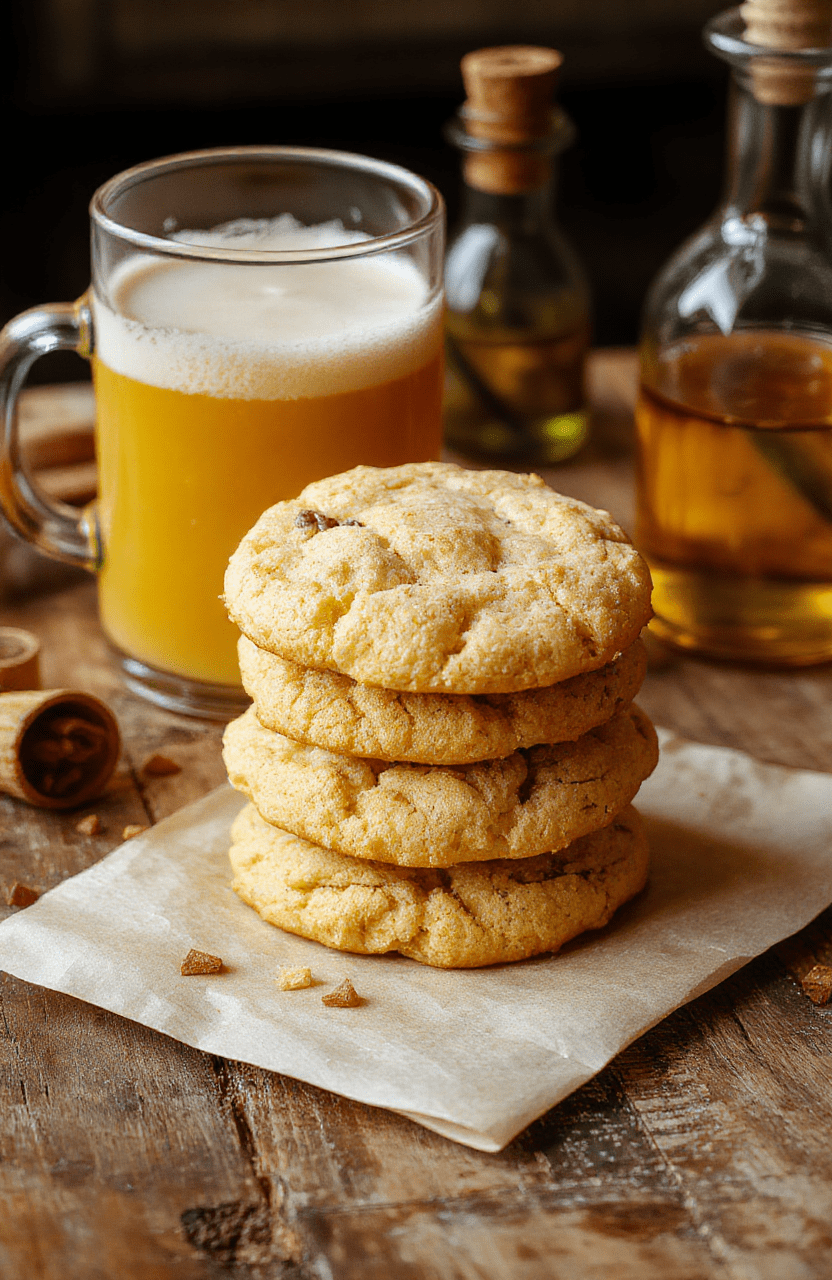 Golden brown, soft and chewy Butterbeer cookies stacked on parchment, crinkled edges with a glossy caramel sheen, a light dusting of sugar crystals, on a rustic wood surface with a mug of frothy Butterbeer in the background.
