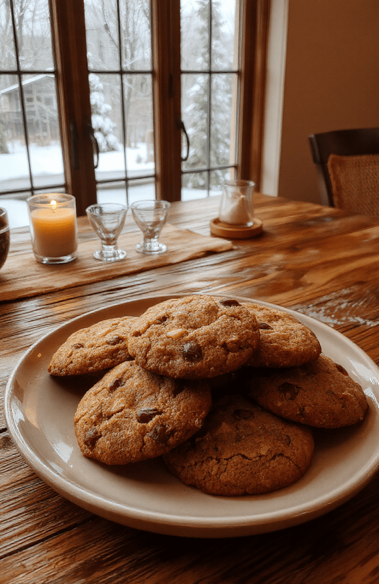 Golden brown Soft & Chewy Narnia Molasses Cookies displayed on a rustic oak board, one cookie broken to show tender center, scattered sugar crystals, a small ramekin of molasses, cinnamon sticks, and a light dusting of powdered sugar. Warm, cozy styling with a hint of a snowy forest outside the window.