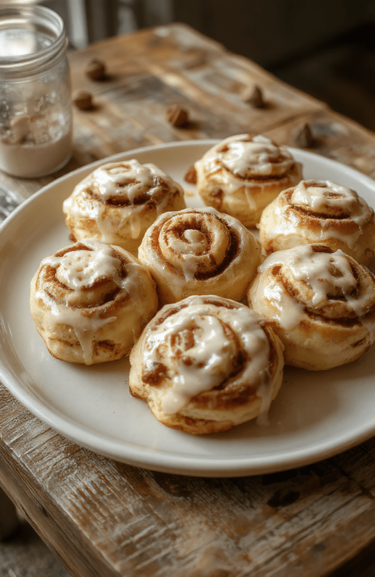 Golden Soft Brave Iced Rolls on a white plate with a glossy vanilla glaze, fluffy crumb visible in cross-section. Nestled on a marble countertop with a small bowl of glaze, a light dusting of sugar, and a warm cup of coffee in the background, all within a cozy, film-inspired kitchen vibe.