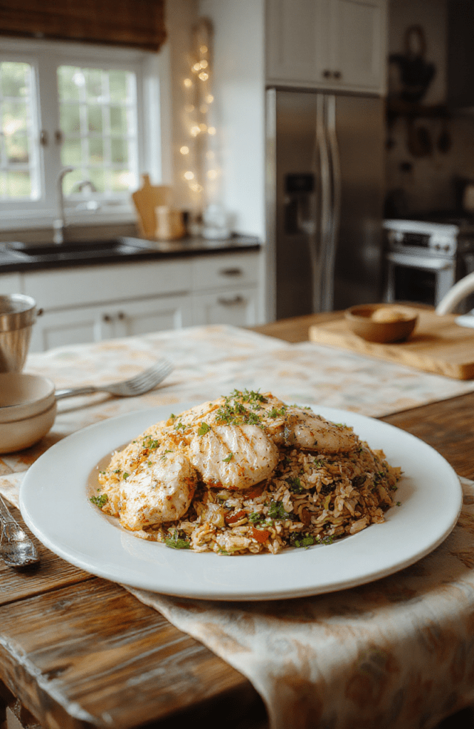 Vibrant Disney-inspired dinner plate featuring lemon-garlic chicken, rainbow veggie rice, and colorful peppers, plated on a white dish with fairy-tale pastel accents, cozy kitchen backdrop, soft natural light, and whimsical garnish.
