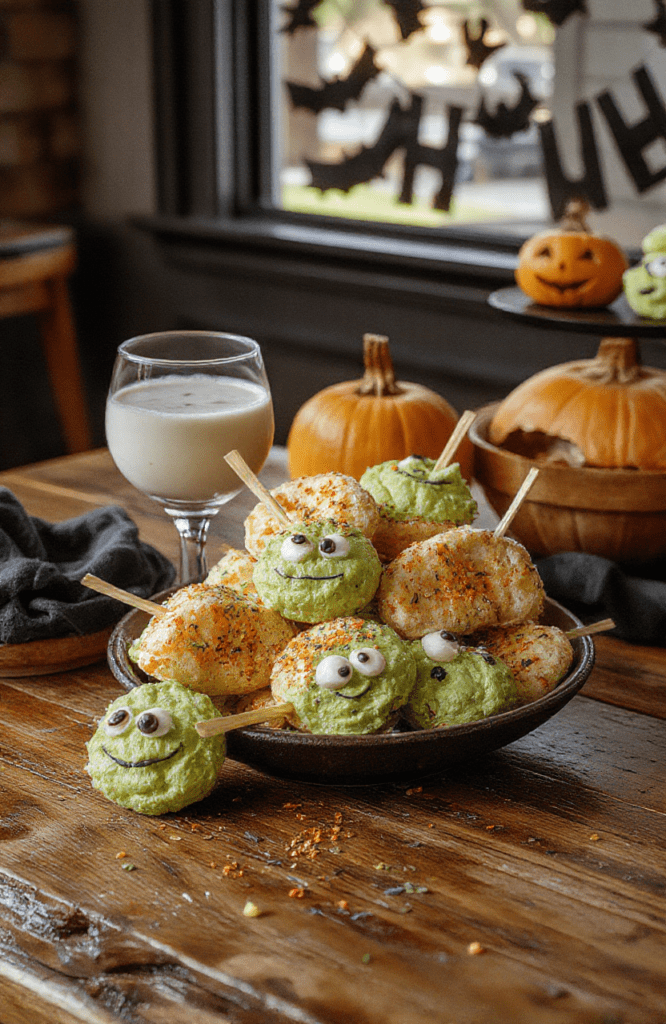 A whimsical Halloween spread inspired by Monsters, Inc. sits on a dark rustic wooden board: orange candy corn popcorn mingles with white chocolate-dipped pretzels, green Frankenstein cheese bites, and gummy eyeballs. A neon-green punch sits beside a ghost-shaped cookie platter, with festive monster-themed accents and warm autumn lighting.