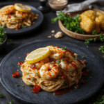 Plate of citrus garlic shrimp pasta on a dark slate plate with charred lemon wedges, crimson sauce drizzle, parsley garnish, and smoky shrimp; Gothic lighting, warm wood tones, and autumn colors create a moody, Halloween-inspired presentation.
