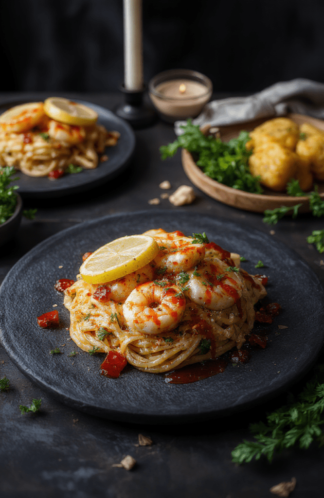 Plate of citrus garlic shrimp pasta on a dark slate plate with charred lemon wedges, crimson sauce drizzle, parsley garnish, and smoky shrimp; Gothic lighting, warm wood tones, and autumn colors create a moody, Halloween-inspired presentation.