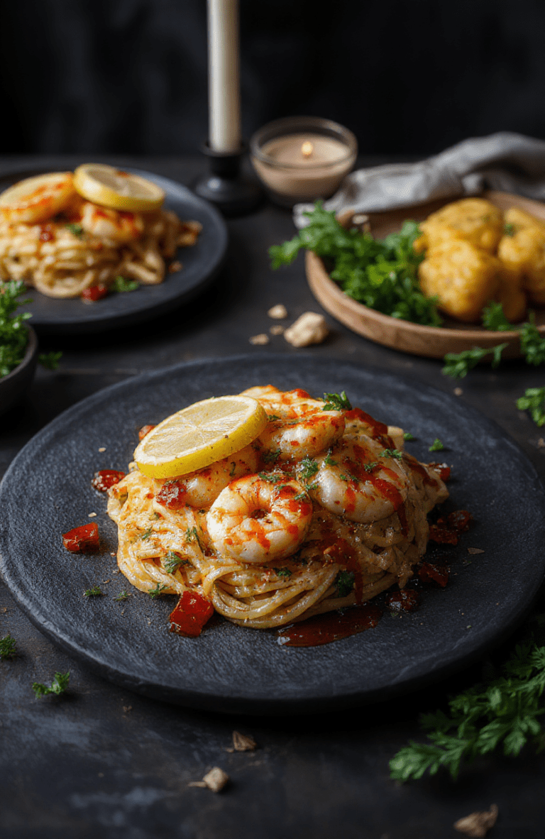 Plate of citrus garlic shrimp pasta on a dark slate plate with charred lemon wedges, crimson sauce drizzle, parsley garnish, and smoky shrimp; Gothic lighting, warm wood tones, and autumn colors create a moody, Halloween-inspired presentation.