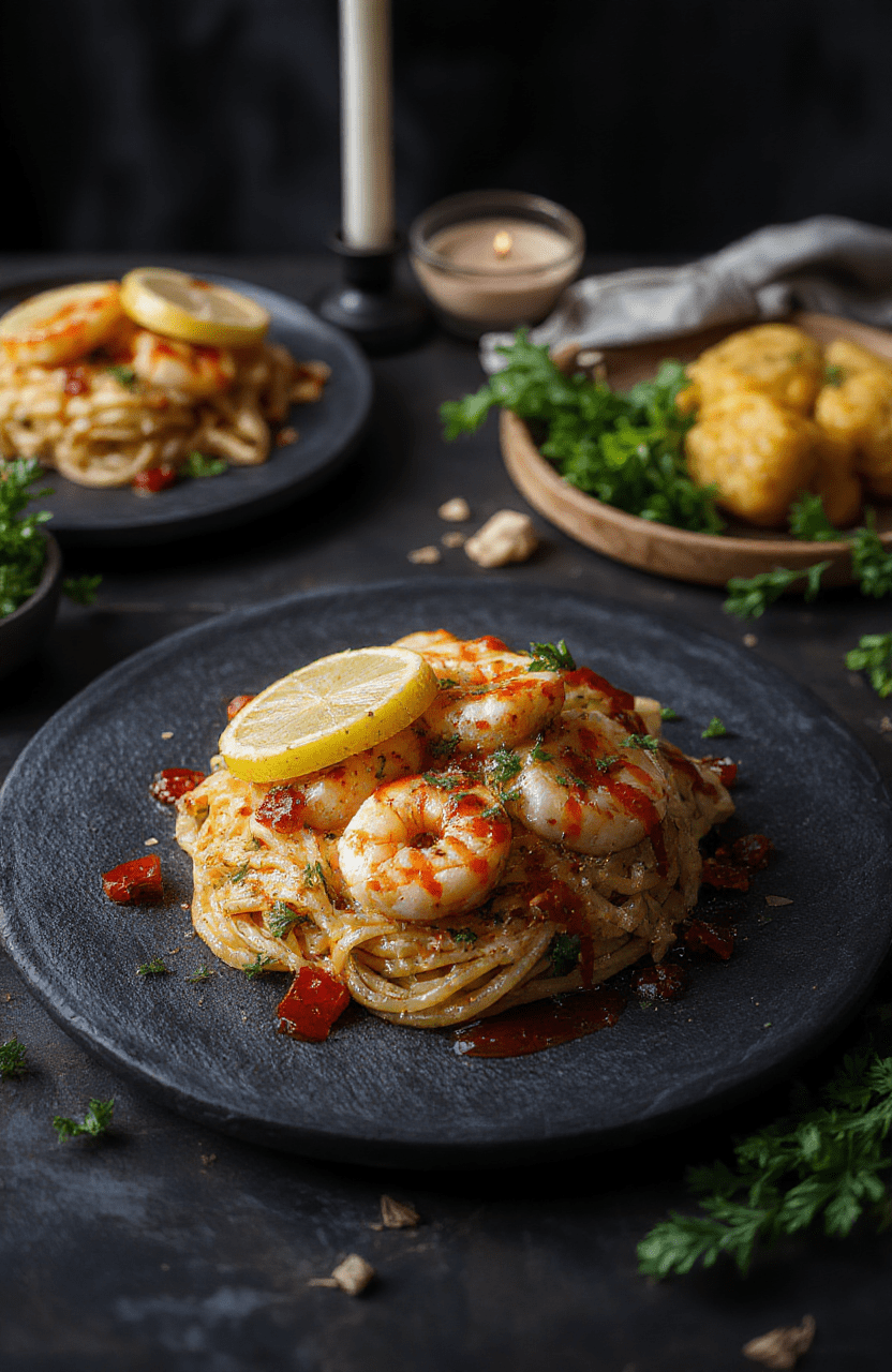 Plate of citrus garlic shrimp pasta on a dark slate plate with charred lemon wedges, crimson sauce drizzle, parsley garnish, and smoky shrimp; Gothic lighting, warm wood tones, and autumn colors create a moody, Halloween-inspired presentation.