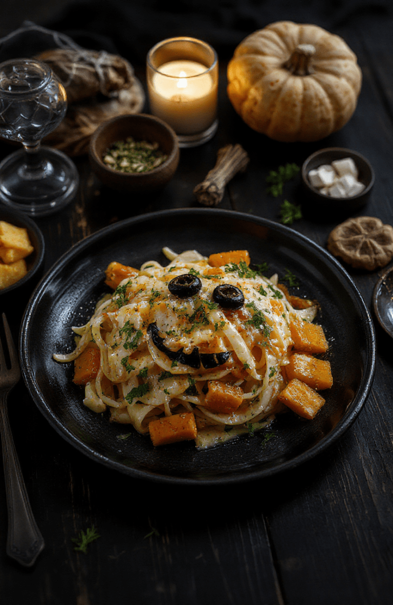 A vibrant Halloween dinner platter on a dark wooden table: a Jack Skellington inspired pasta face sits next to roasted chicken, orange carrot batons, and green herb oil. A small pumpkin loaf and seasonal gourds complete the spooky spread, with warm candlelight and subtle cobweb decor enhancing a movie-night vibe.