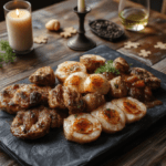 Dark slate platter showcases bite-sized meatloaf balls glazed with blood-red marinara, arranged in a circular saw blade pattern. Garlic bread slices, mozzarella shreds, and a bright basil drizzle surround the centerpiece on a smoky wooden table. Dim candlelight and a subtle horror prop add mood without overpowering the plated bites.