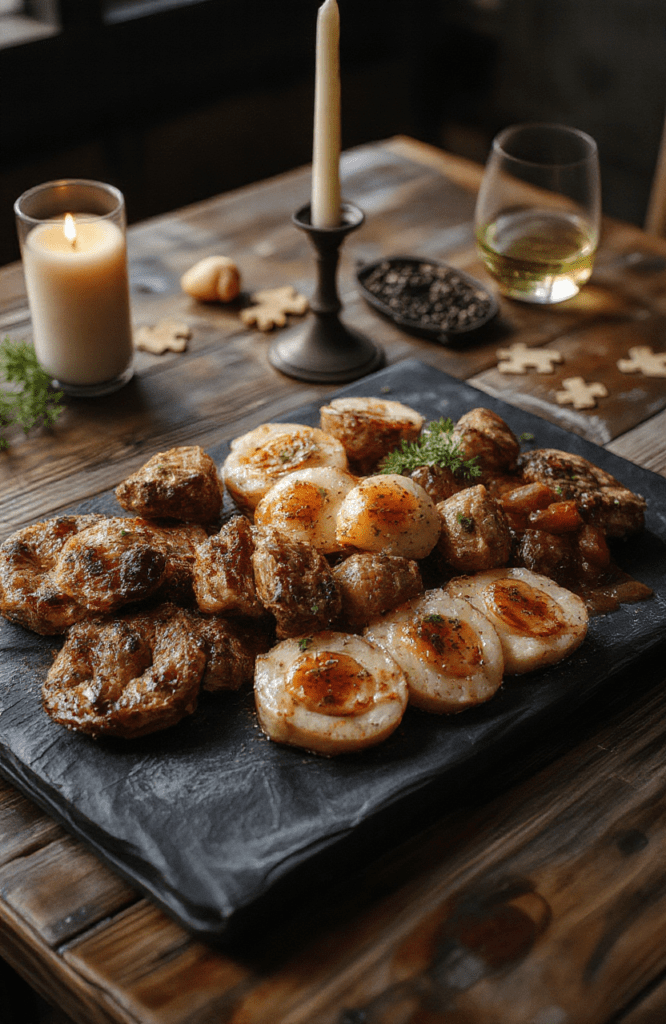 Dark slate platter showcases bite-sized meatloaf balls glazed with blood-red marinara, arranged in a circular saw blade pattern. Garlic bread slices, mozzarella shreds, and a bright basil drizzle surround the centerpiece on a smoky wooden table. Dim candlelight and a subtle horror prop add mood without overpowering the plated bites.