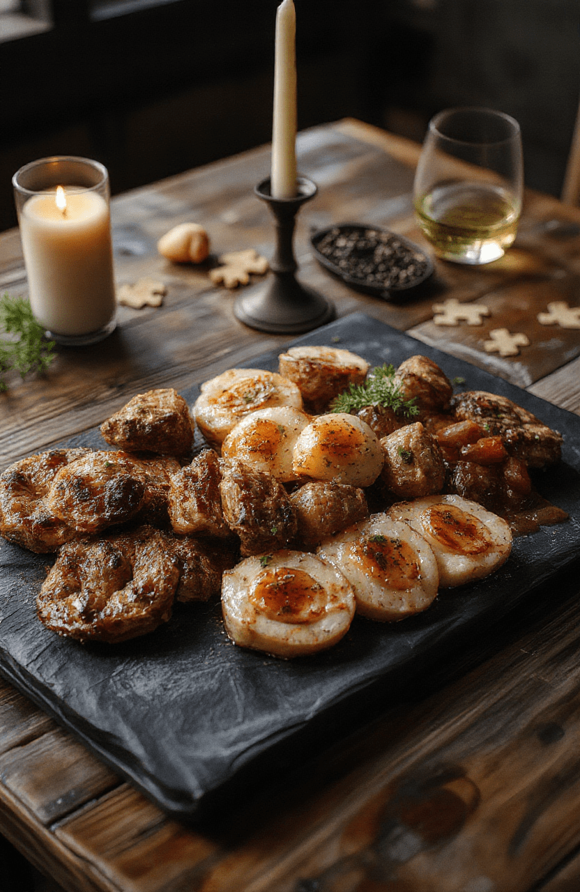 Dark slate platter showcases bite-sized meatloaf balls glazed with blood-red marinara, arranged in a circular saw blade pattern. Garlic bread slices, mozzarella shreds, and a bright basil drizzle surround the centerpiece on a smoky wooden table. Dim candlelight and a subtle horror prop add mood without overpowering the plated bites.