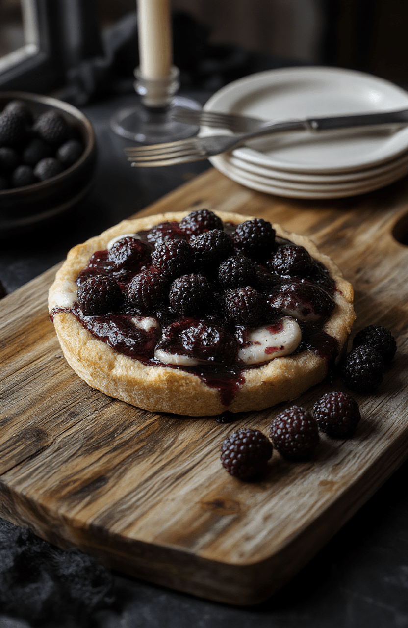 A moody, glossy blackberry pie sits on a dark wooden board, lattice crust dusted with powdered sugar revealing a deep purple filling. A few fresh blackberries, a sprig of rosemary, and a tarnished silver knife add a gothic touch. Candlelight highlights the pie's sheen, while a black ceramic plate and muted autumn props set a spooky Halloween vibe.