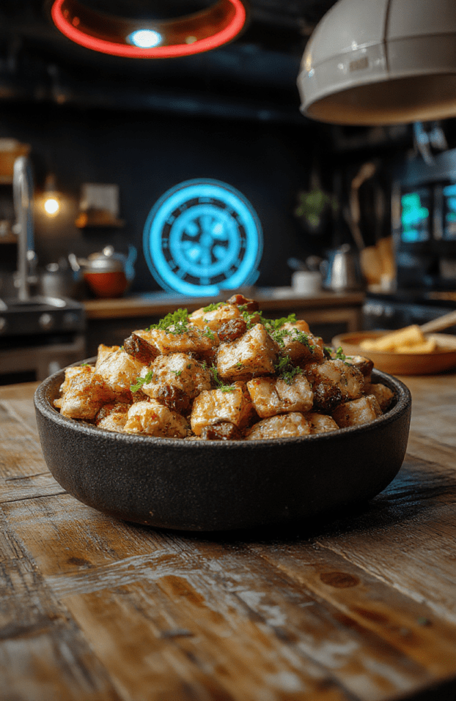 A vibrant plated Star Wars Galaxy Edge dish with colorful noodles, greens, and star-shaped crackers on a sleek dark plate, golden lighting, garnished with edible stars; a futuristic backdrop and clean white napkin create a cinematic look.