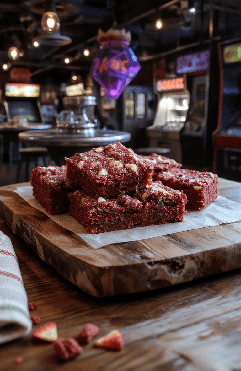 Stranger Things themed red velvet cheesecake bars with a glossy cream cheese topping, layered on a buttery crumb crust, cut into neat squares on a rustic wooden board, dusted with cocoa and styled with moody Hawkins-inspired lighting.