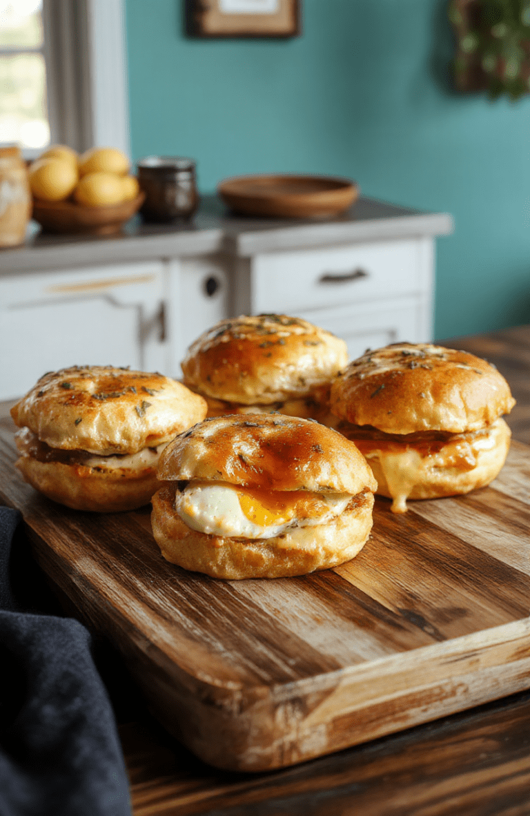 Four mini waffle sliders on a dark slate board, crispy Eggo buns hugging juicy slider patties with melted cheddar, thin pickle slices, and a maple glaze drizzle. The plate rests on a warm wood table with retro Hawkins vibes and a soft amber glow, making the bite look inviting.