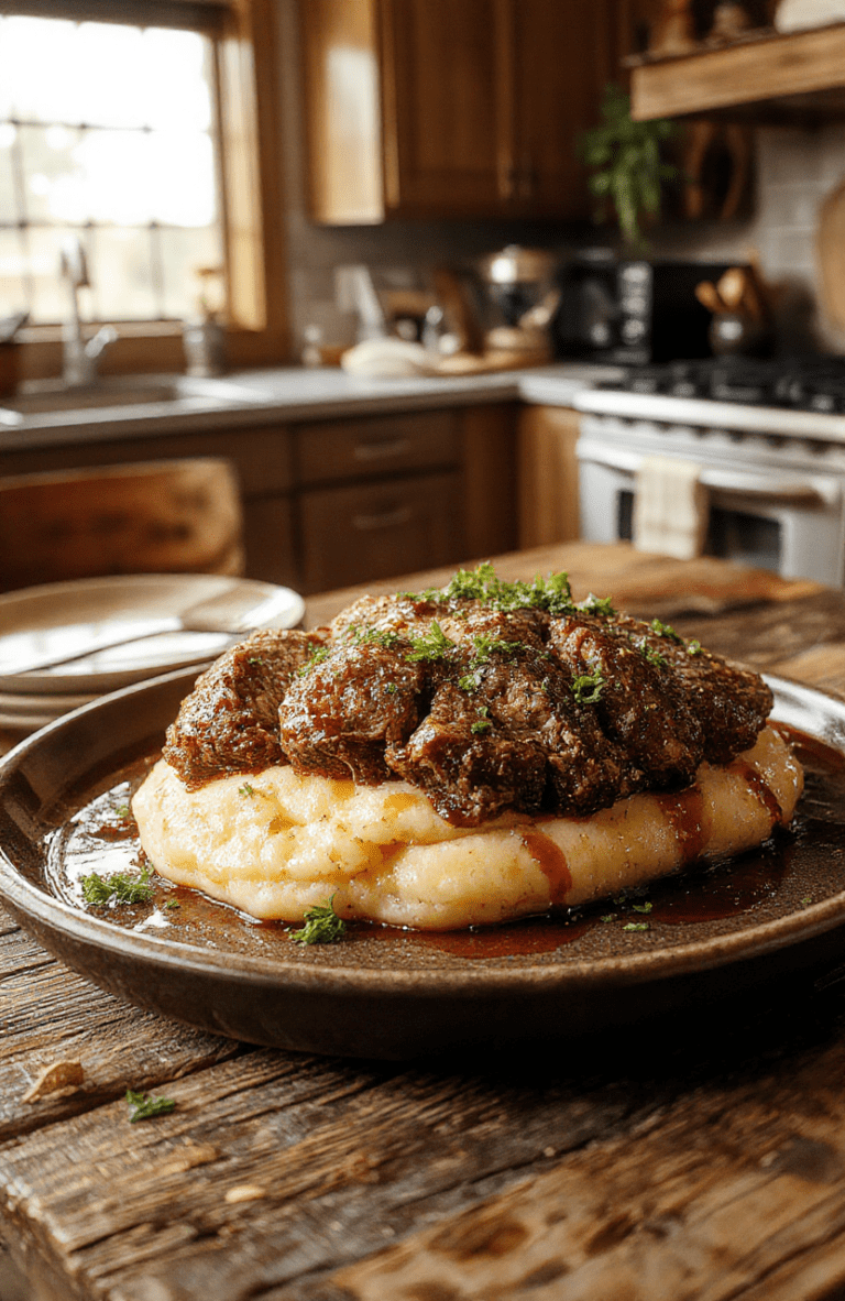 A hearty plate of Mrs Wheeler's Cozy Meatloaf sits atop creamy mashed potatoes, glossy meatloaf glaze, chopped parsley, and crispy onions. Slices reveal a tender interior. The dish rests on a rustic wooden board with warm kitchen lighting and subtle Stranger Things decor in the blurred background.