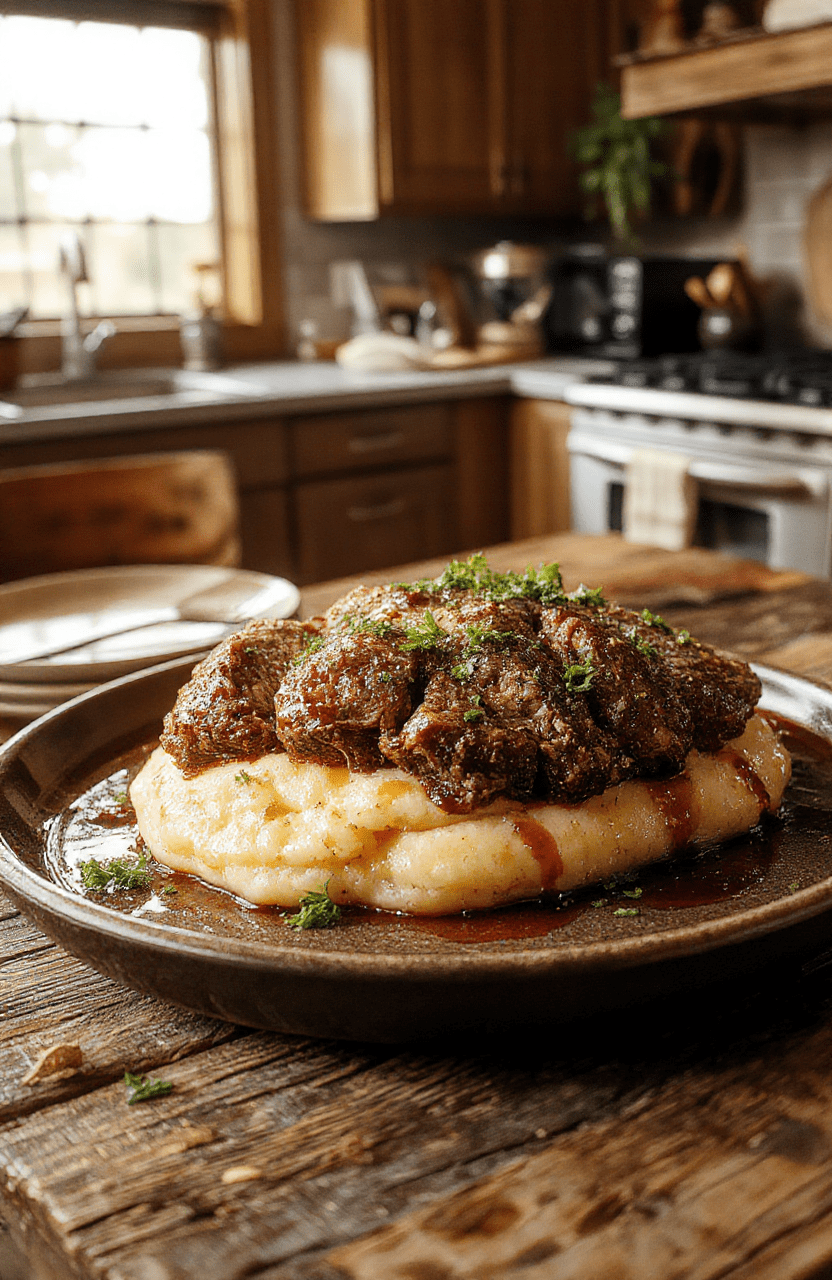 A hearty plate of Mrs Wheeler's Cozy Meatloaf sits atop creamy mashed potatoes, glossy meatloaf glaze, chopped parsley, and crispy onions. Slices reveal a tender interior. The dish rests on a rustic wooden board with warm kitchen lighting and subtle Stranger Things decor in the blurred background.