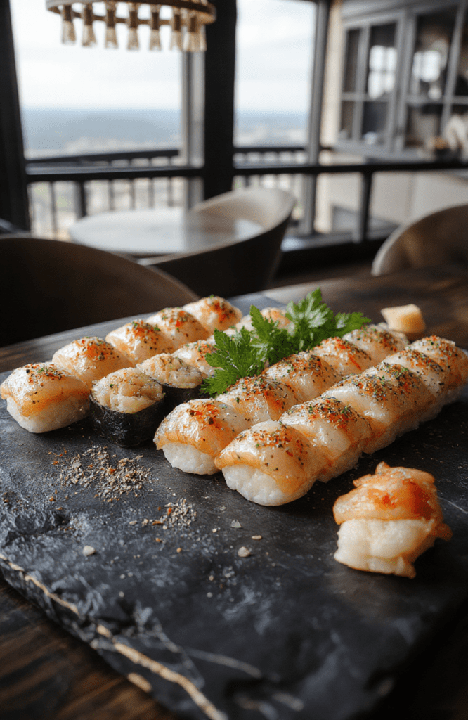 An elegant sushi platter arranged on a matte black slate board with colorful nigiri, sashimi, and maki slices. Avocado, cucumber, and sesame seeds add vibrant greens and gold accents. A small soy sauce dish and pickled ginger frame the arrangement for a luxe party presentation.