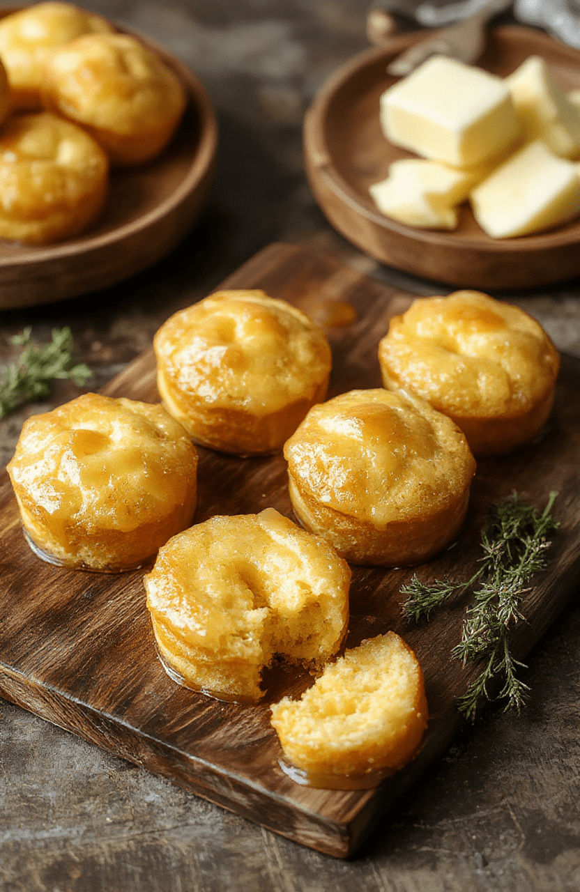 Golden, fluffy Hobbit honey cakes on a rustic wooden board, honey glaze catching the light, a honeycomb and a pat of butter nearby, dusted with powdered sugar, thyme sprigs for a cozy Beorns kitchen vibe.