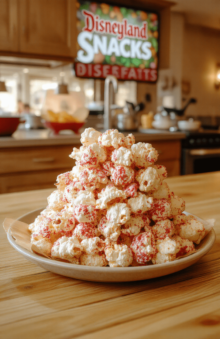 A bowl of glossy caramel-coated popcorn with a light butter sheen sits on a rustic wooden board. The snack is golden brown with visible kernels, a touch of salt crystals, and a hint of vanilla. The setup includes a sprinkle of nuts and a soft, warm Disneyland-inspired background, styled casually on a wooden table.