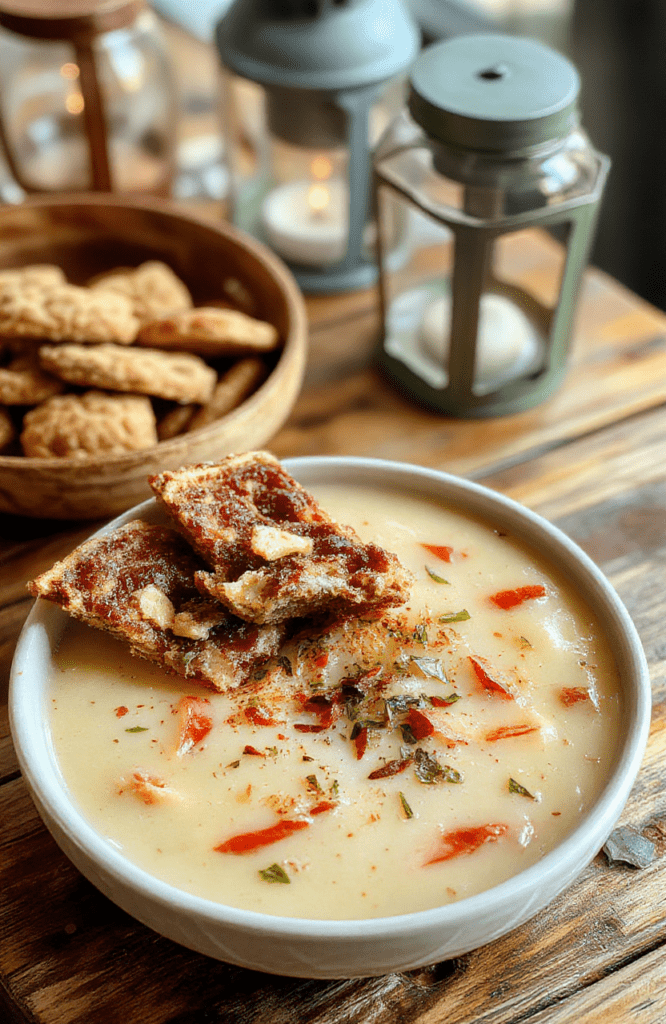 A creamy hazelnut soup in a white bowl sits beside a plate of golden hazelnut cookies on a rustic maple wood table. The soup has a smooth, tan surface with a swirl of cream and a dusting of cinnamon; chopped hazelnuts add texture. The cookies look crumbly and buttery, with visible hazelnut specks. Warm lantern light hints at a Tangled movie night vibe.