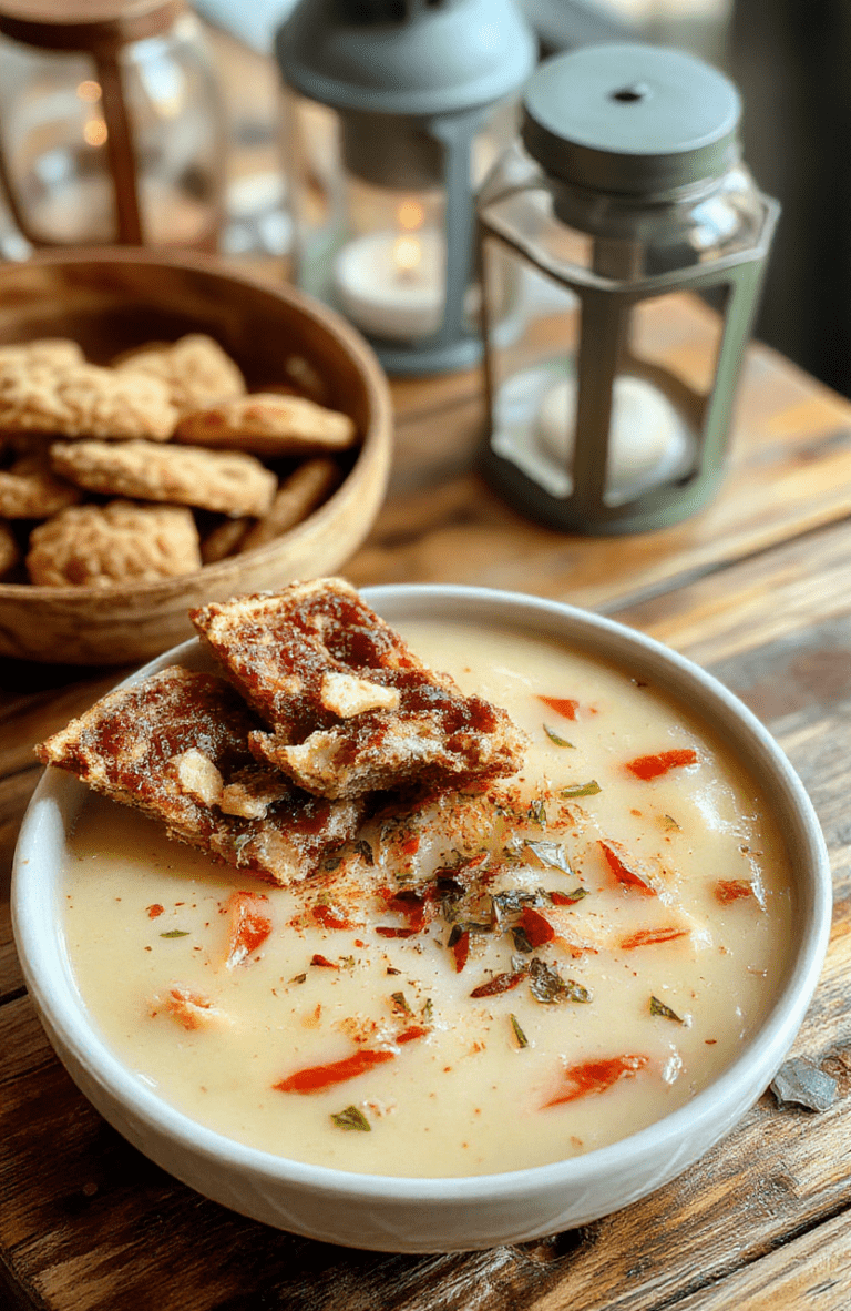 A creamy hazelnut soup in a white bowl sits beside a plate of golden hazelnut cookies on a rustic maple wood table. The soup has a smooth, tan surface with a swirl of cream and a dusting of cinnamon; chopped hazelnuts add texture. The cookies look crumbly and buttery, with visible hazelnut specks. Warm lantern light hints at a Tangled movie night vibe.