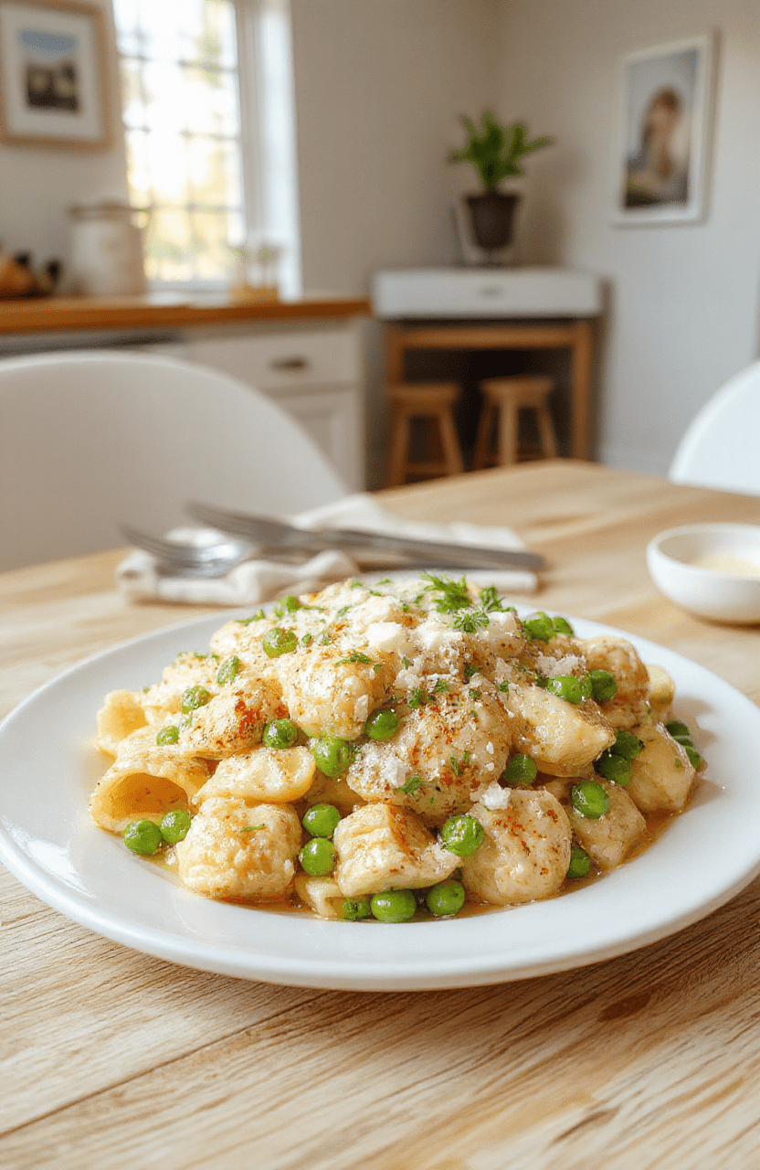 A creamy pasta dish on a white plate with peas and shredded chicken, sprinkled with parmesan and fresh parsley, set on a light wooden table. The background hints at a whimsical Aristocats inspired dinner with pastel decor and soft, warm lighting, creating a cozy family gathering mood.