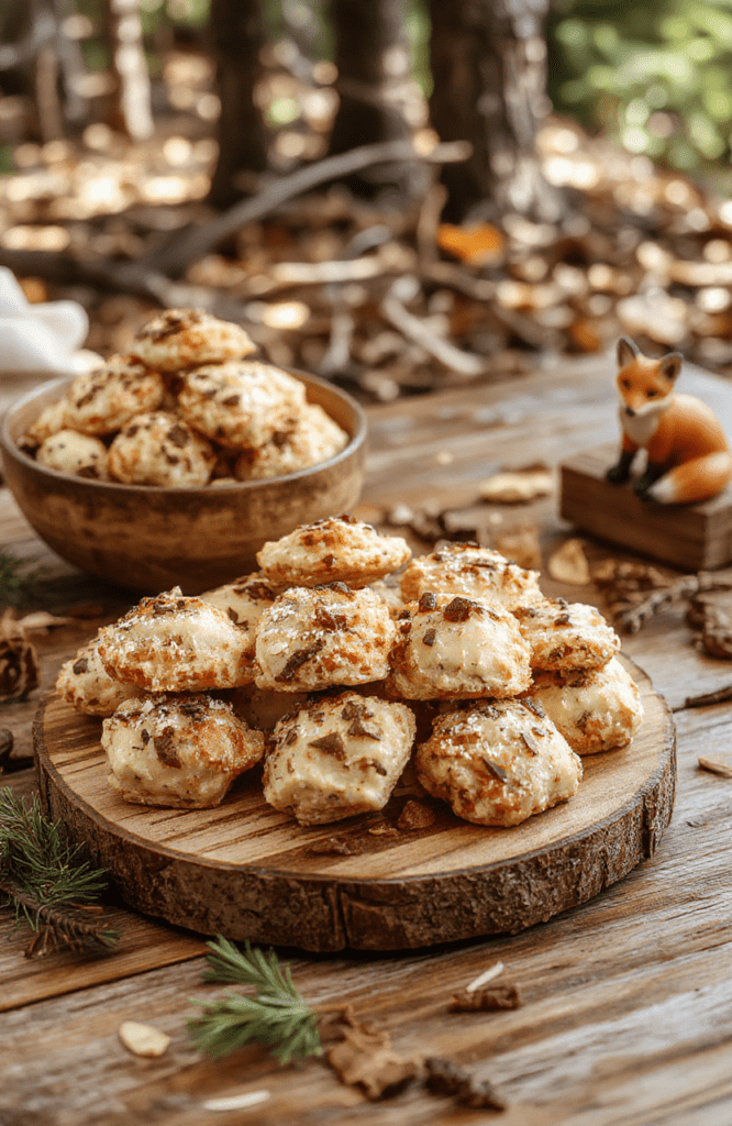 A colorful snack mix in a rustic glass bowl on a wooden board featuring popcorn, pretzels, roasted nuts, dried cranberries and chocolate chips with a light maple glaze. Warm woodland tones, pine sprigs, and a fox figurine create a cozy forest-table vibe.