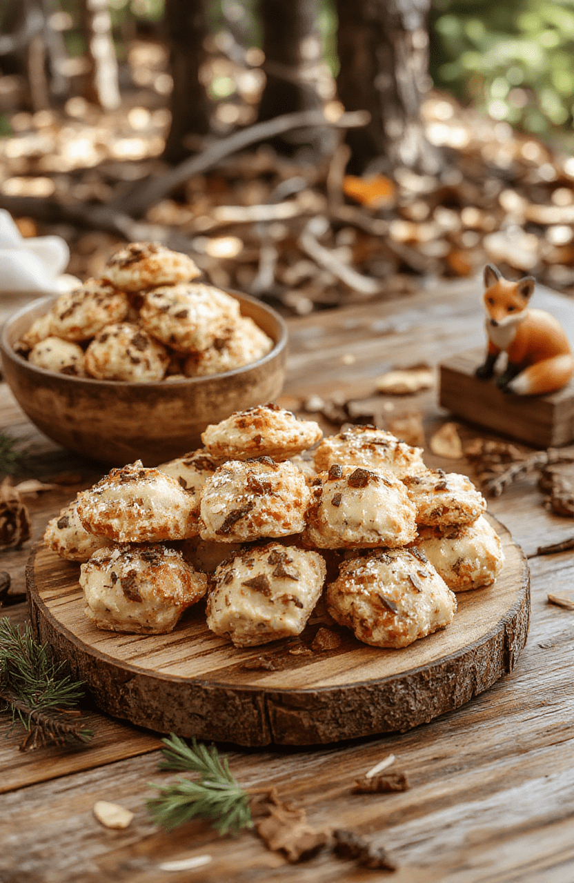 A colorful snack mix in a rustic glass bowl on a wooden board featuring popcorn, pretzels, roasted nuts, dried cranberries and chocolate chips with a light maple glaze. Warm woodland tones, pine sprigs, and a fox figurine create a cozy forest-table vibe.