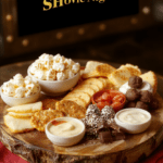 Tabletop spread for a Greatest Showman themed movie night: popcorn bowls, mini sliders, cheese board, pretzel bites, veggie platter, dipping sauces, and chocolate treats arranged on a dark wood board with red velvet napkin accents and gold decorative confetti; bright, warm lighting and cinematic backdrop.