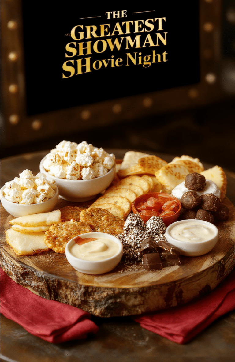 Tabletop spread for a Greatest Showman themed movie night: popcorn bowls, mini sliders, cheese board, pretzel bites, veggie platter, dipping sauces, and chocolate treats arranged on a dark wood board with red velvet napkin accents and gold decorative confetti; bright, warm lighting and cinematic backdrop.